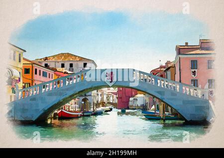 Disegno acquerello del ponte di pietra di Vigo attraverso il canale di Vena con barche colorate e vecchi edifici nel centro storico di Chioggia, Foto Stock
