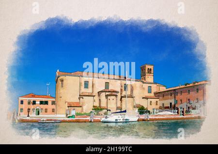 Disegno acquerello della chiesa cattolica di San Domenico Chiesa di San Domenico e yacht bianco vicino isola in laguna, centro storico di Chioggia, bl Foto Stock