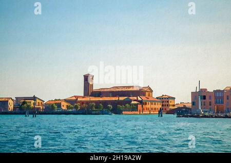 Acquerello disegno di Vista dal mare laguna di Chioggia città paesaggio con San Domenico chiesa cattolica e vecchi edifici nel centro storico, blu Foto Stock