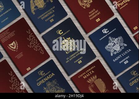 Vista dall'alto, passaporti internazionali, cittadinanza per investimento, nazionalità, Malta, Cittadini di Kitts e Nevis, Portogallo, Cipro, Dominica, Montenegro Foto Stock