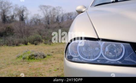 Faro anteriore di un'auto di design italiano in natura con albero e sfondo più forte. Foto Stock