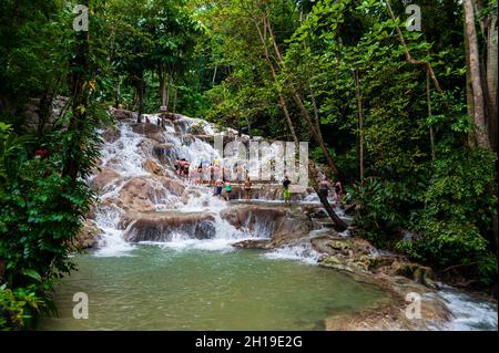 I turisti che si arrampicano sulle cascate del fiume Dunn in un lussureggiante paesaggio tropicale. Cascate del fiume Dunn, Ocho Rios, Giamaica. Foto Stock