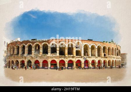 Disegno acquerello dell'Arena di Verona in Piazza Bra. Anfiteatro romano Arena di Verona edificio antico, giorno di sole, cielo blu sfondo, copia spa Foto Stock