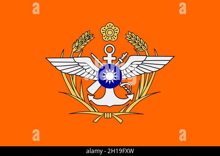 Vista dall'alto della bandiera del Ministero della Difesa Nazionale del ROC. Repubblica popolare Cinese. Nessun flagpole, design di aerei, layout. Contrassegna sfondo Foto Stock