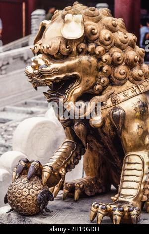 Una statua di leone custode dorata nella Città Proibita, Pechino, Cina. Foto Stock