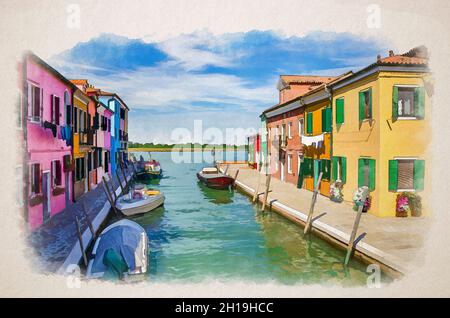 Disegno acquerello dell'isola di Burano con case colorate ed edifici sul lungofago di uno stretto canale d'acqua con barche da pesca e vista sul Lag veneziano Foto Stock