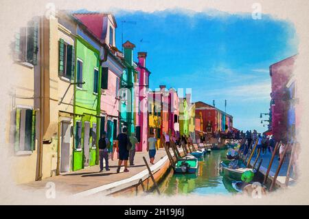 Acquerello disegno di Burano: Gente turisti su piccola piazza acciottolata con case colorate e multicolore edifici, cielo blu sfondo in sunn Foto Stock