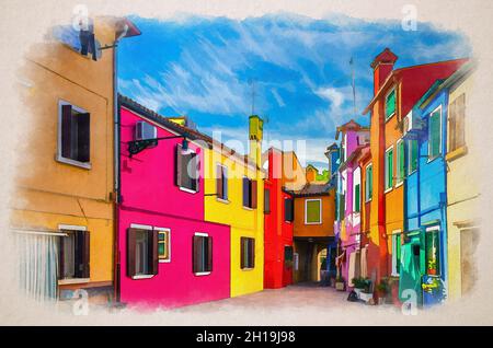 Disegno acquerello di case colorate dell'isola di Burano. Edifici multicolori in piccolo cortile, cielo blu sfondo nella soleggiata giornata estiva, provincia di Venezia Foto Stock