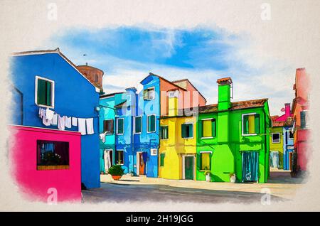Disegno acquerello di case colorate dell'isola di Burano. Edifici multicolori in piazza cittadina, cielo blu sfondo nella soleggiata giornata estiva, Venezia P Foto Stock