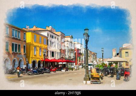 Disegno acquerello di Chioggia: Fila di colorati edifici multicolore, parcheggio biciclette e scooter sulla strada principale nel centro storico della città, cielo blu Foto Stock