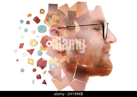 Un ritratto di un uomo attraente combinato con varie forme geometriche 3D. Foto Stock