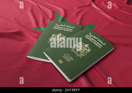 marocco passaporto sulla sua bandiera, top shot, il passaporto è la cittadinanza dei cittadini Foto Stock