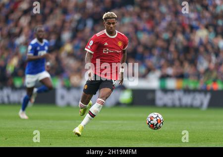 Leicester, Regno Unito. 16 ottobre 2021. Marcus Rashford of Man Utd durante la partita della Premier League tra Leicester City e Manchester United al King Power Stadium di Leicester, Inghilterra, il 16 ottobre 2021. Foto di Andy Rowland. Credit: Prime Media Images/Alamy Live News Foto Stock