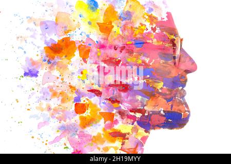 Pittura. Un ritratto di profilo di un giovane uomo con vetri combinati con una pittura astratta acquerello. Foto Stock