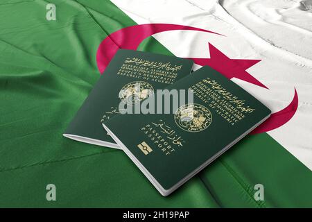 Il passaporto algerino è un documento di viaggio internazionale rilasciato ai cittadini algerini, passaporto algerino sulla bandiera dello Stato algerino Foto Stock