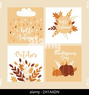 Set di quattro modelli autunnali. Disegno vettoriale per biglietti, poster, volantini, Web e altri utenti. Texture disegnate a mano alla moda. Illustrazione Vettoriale