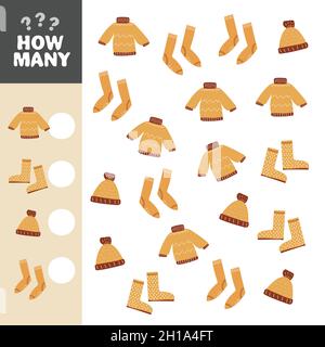 Gioco anticaduta con abiti caldi. Attività matematica per bambini prescolare. Quanti oggetti foglio di lavoro. Indovinello educativo con simpatiche immagini divertenti Illustrazione Vettoriale
