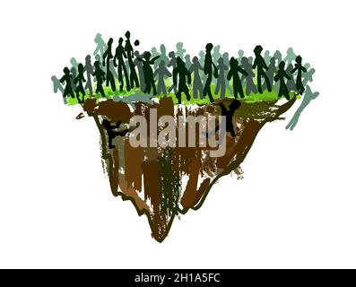 Astrazione. Il problema della sovrappopolazione della terra. Ci sono molte persone su un pezzo di terra. Illustrazione vettoriale Illustrazione Vettoriale