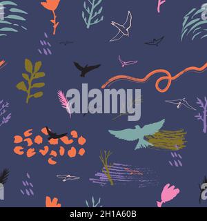 Modello senza cuciture vettoriale di colore con uccelli, piante e macchie. Sfondo astratto disegnato a mano. Illustrazione Vettoriale