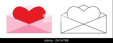 Buste aperto realistico romantico felice San Valentino simmetrico con linea cardiaca lettera posta set isolato su sfondo bianco. Stile piatto. Icona Mail per web design e stampa. Illustrazione vettoriale Illustrazione Vettoriale