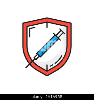 Vaccino del coronavirus e schermo protettivo icona della linea di colore isolata. Vaccinazione vettoriale contro COVID-19, immunizzazione e assistenza sanitaria, sicurezza umana co Illustrazione Vettoriale
