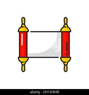 Holy manoscritto isolato cinese Capodanno biglietti d'auguri decorazione linea icona. Vector Torah scroll su sbarre di legno rosso, libro più sacro in giudaismo, vecchio parchme Illustrazione Vettoriale