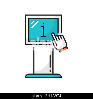 Casella informazioni sulla strada, terminale per le informazioni sulle istruzioni con la mano che preme il pulsante icona a linea colorata isolata. Console vettoriale con lettera i su schermo digitale Illustrazione Vettoriale