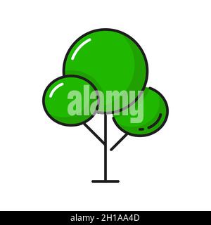 Fata albero con corona a forma di cerchi isolato profilo foresta pianta. Legno cartoon piano vettoriale con foglie verdi, piante botaniche, primavera o estate Illustrazione Vettoriale