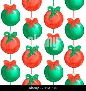 Acquerello disegno a mano senza giunture modello con rosso verde Natale nuovo anno decorazioni ornamenti archi. Retro tradizionale stampa di sfondo per le feste invernali fasciatura carta tessuto Foto Stock