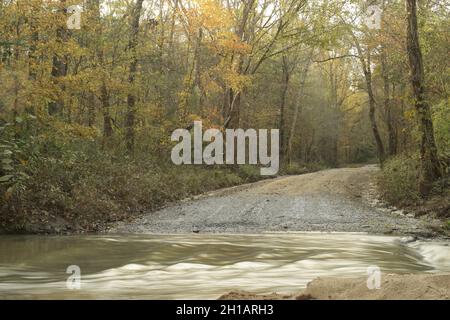 Strada di montagna sterrata tagliata da acque alluvionali nella foresta autunnale Foto Stock