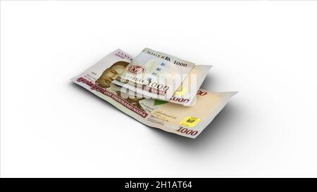Rendering 3D di Double 1000 naira naira note nigeriane con ombre Foto Stock
