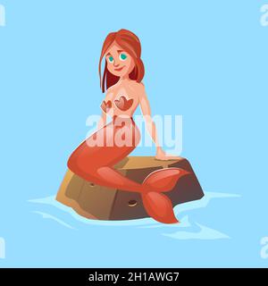 Bella sirena seduta su pietra in acqua. Illustrazione vettoriale del fumetto di adorabile personaggio fantasy, donna fiaba con coda di pesce seduta su roccia in mare o oceano Illustrazione Vettoriale