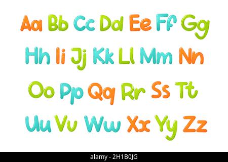 Carattere colorato per bambini. Alfabeto lucido per bambini in stile cartone animato. Tipografia vettoriale per la progettazione di scuole, prescolare e asilo. Illustrazione Vettoriale