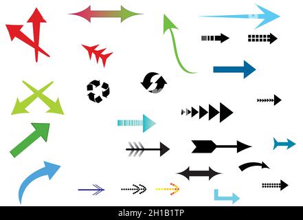 una serie di diverse icone a freccia a colori e su sfondo bianco Illustrazione Vettoriale