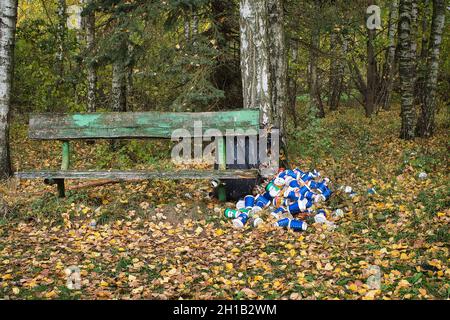 Cumulo di lattine e contenitori a fianco di una panca rustica in legno in un denso stand di foresta decidua in autunno in un concetto di inquinamento ambientale Foto Stock