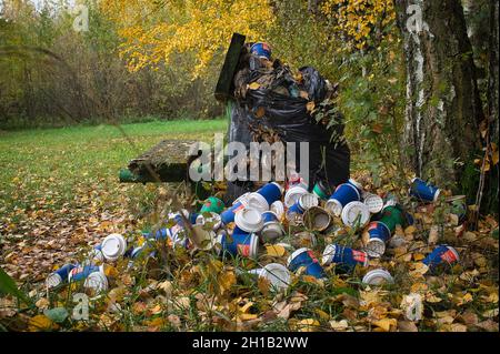 Mucchio di tazze di caffè usa e getta accanto a una panca rustica in legno in un denso stand di foresta decidua in autunno in un concetto di inquinamento ambientale Foto Stock