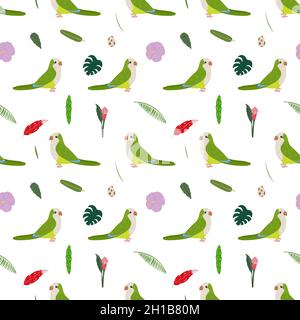 Modello senza cuciture con Quaker monaco parakeet, foglie tropicali e fiori. Cute baby stampa per tessuti e tessuti. Illustrazione Vettoriale