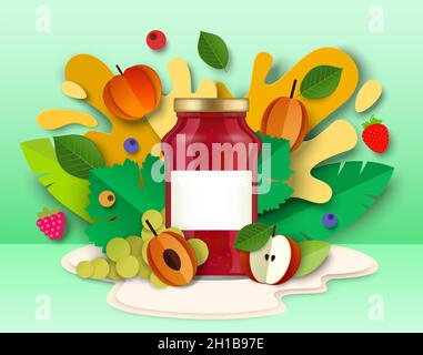 Confezione di marmellata di frutta vasetto di vetro, carta tagliata frutta fresca, spruzzi liquidi, gocce. Conserve di frutta sane, illustrazione vettoriale. Illustrazione Vettoriale