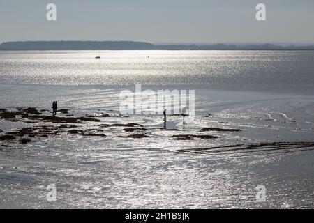 Persone in controluce camminando sulla spiaggia. Marea crescente nella baia di Somme, Francia Foto Stock