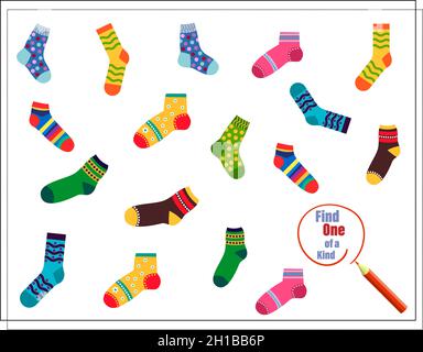 Cartoon illustrazione del gioco educativo trovare un unico-di-un-tipo immagine. Calze cartoon. Vettore Illustrazione Vettoriale