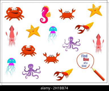 Illustrazione di Cartoon del gioco educativo trova un'immagine unica nel suo genere. Animali di mare Cartoon. Vettore Illustrazione Vettoriale