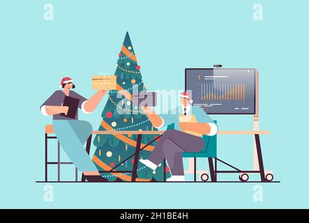 uomini d'affari in babbo natale cappelli in possesso di regali uomini d'affari celebrare festa aziendale capodanno natale festa festiva Illustrazione Vettoriale