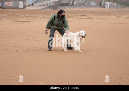 donna che gioca con un cane golden retriever sulla spiaggia Foto Stock