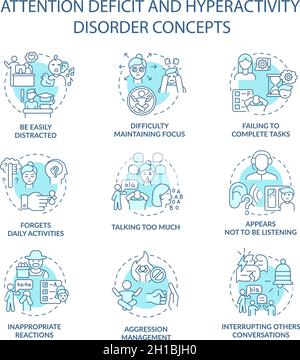 Icone di concetto di deficit di attenzione e disturbo di iperattività impostate Illustrazione Vettoriale