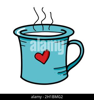 Carino tazza blu con cuore disegnato e bevanda calda Illustrazione Vettoriale