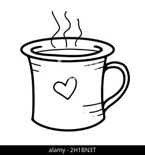 Carino tazza blu con cuore disegnato e bevanda calda Illustrazione Vettoriale