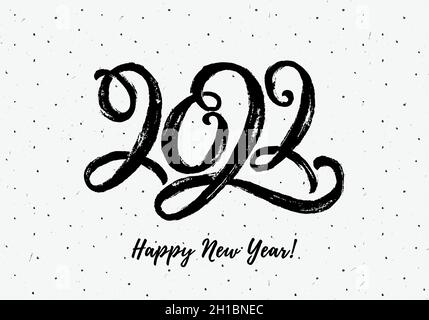 2022 caratteri. Biglietto di auguri per l'anno nuovo felice. Figure di pennelli a mano neri su sfondo bianco con texture punteggiata. Banner moderno e minimalista. Illustrazione Vettoriale