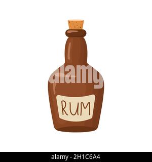 Bottiglia di rum pirata. Icona della pirateria isolata su sfondo bianco. Illustrazione vettoriale in stile cartoon piatto Illustrazione Vettoriale