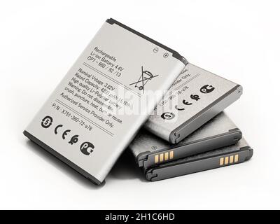 Batterie di ricambio generiche per smartphone isolate su sfondo bianco. Illustrazione 3D. Foto Stock