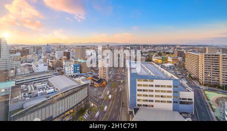 Città di Miyazaki skyline del centro città a Kyushu, Giappone al tramonto Foto Stock